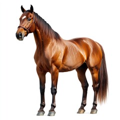 Obraz premium A strong brown horse stands confidently, showing its full body and muscular build isolated on a white background