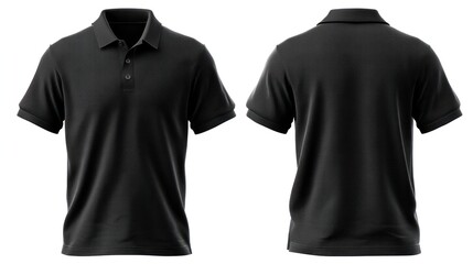 Isolated image of a black polo T-shirt, front and rear perspectives shown side-by-side on a transparent background