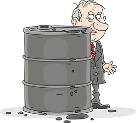Worried businessman hiding behind a barrel of gasoline and hopping for higher oil prices, vector cartoon illustration on a white background