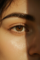 Cinematic close-up of a hazel brown human eye with glossy skin and sharp eyebrow in warm sunlight, high detail texture, natural glow, and shadow contrast across the face, showcasing beauty and clarity