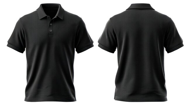 Isolated image of a black polo T-shirt, front and rear perspectives shown side-by-side on a transparent background