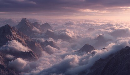 Mountain peaks poke through a sea of fog under a lavender and pink cloudy sky