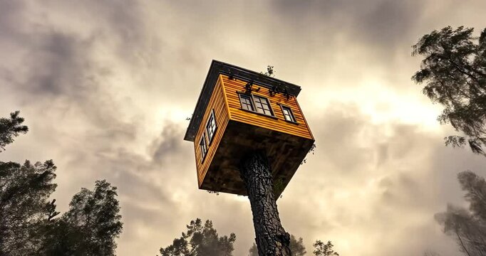 A yellow treehouse perched atop a tall tree in a forest, surrounded by clouds and mist.