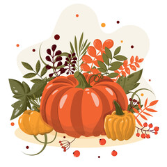 Vector illustration, autumn greeting, advertising banner, set of flat pumpkins and colorful leaves.