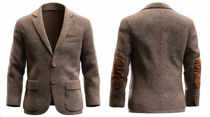 Isolated images of a brown tweed men's suit with elbow patches, front and back views, on transparent background, highlighting textured fabric and vintage style