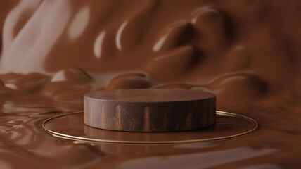 Elegant dark chocolate podium displayed in liquid chocolate with golden ring accent