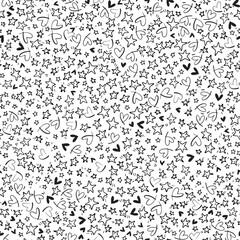 Vector seamless pattern. Black and white linear graphic repeated background. Wallpaper with outlined stars and hearts. Minimalistic modern backdrop with tiny hand drawn elements.