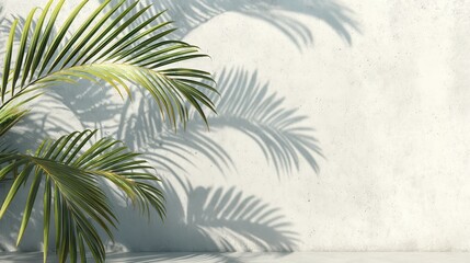 Illustration of tropical palm leaves with abstract shadow on white concrete wall tropical blurred background. Ai generated Image