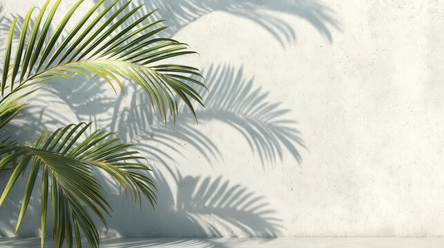 Illustration of tropical palm leaves with abstract shadow on white concrete wall tropical blurred background. Ai generated Image
