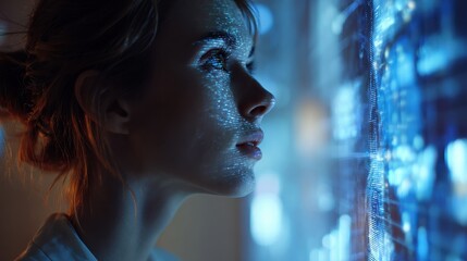 Woman observes illuminated digital display with futuristic data.