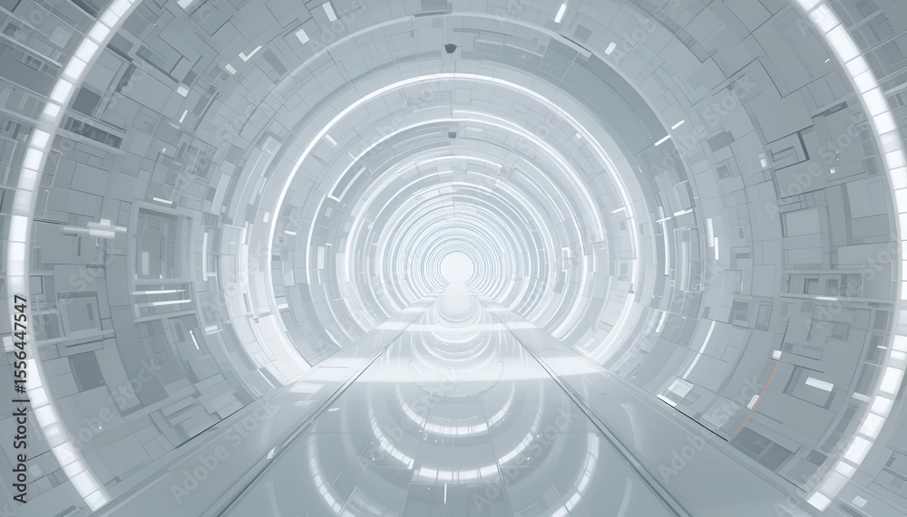 Poster clean white futuristic tunnel with a modern design featuring illuminated circles creating a sense of