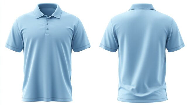 Isolated images of a light blue polo shirt with embroidered logo area (blank), front and back views, on transparent background, highlighting placement for customization