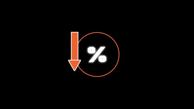 Animated Percentage Decrease, Coin and Downward Arrow Icon, Market Downturn, Interest Rate Drop, 4K Motion Graphic with Alpha Channel