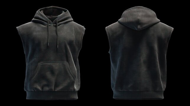 Isolated images of a sleeveless hoodie, front and back views, on clear background, emphasizing hood design and pocket placement, high-detail rendering