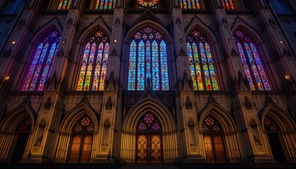 Gothic Cathedral Facade With Colorful Illuminated Windows and Doors