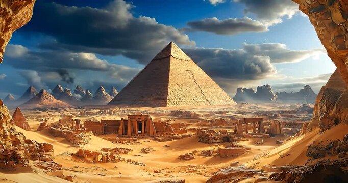 Static shot: A majestic pyramid stands tall in a vast desert, viewed from within a cave.