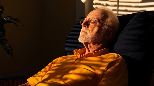 A retired senior man sleeping relaxed at home on a sofa with soft light coming through the window