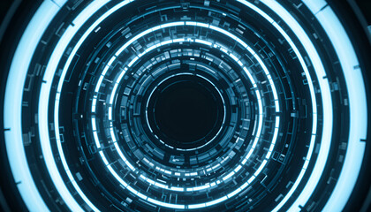Glowing concentric circles form a futuristic, technological tunnel with intricate circuit details and a sense of depth.