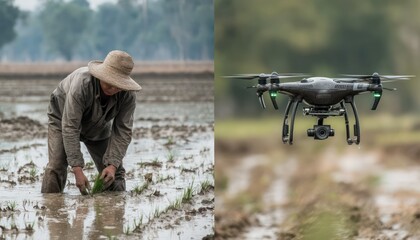 Naklejka premium Contrast of Agrarian Tradition and Modern Technology in Agricultural Practices