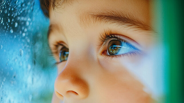 A young boy looking through a window with rain water on the glass with a look of wonder representing child curiotisy - Powered by Adobe