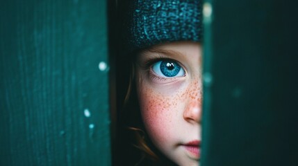 A close up on a young girl with blue eyes looking through a partially open door with a look of wonder representing child curiosity