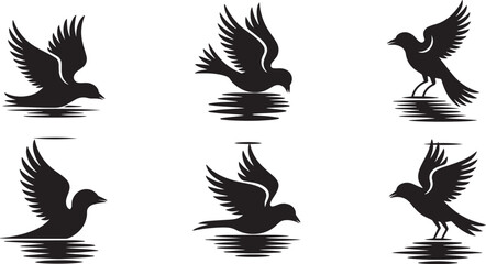 Seagull Silhouette Vector Set with Ocean Waves – Nautical and Coastal Design Elements for Marine-Themed Art and Decor

