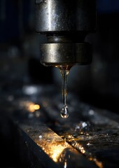 Mechanical marvel: a detailed close-up of precision machining with a glistening oil droplet