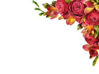 Red roses and yellow freesia flowers in a corner floral arrangement isolated on white or transparent background