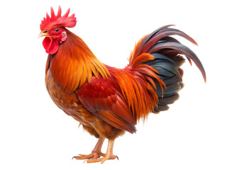 Fototapeta premium Vibrant rooster with fiery plumage and striking red comb isolated on a transparent background fowl bird,PNG