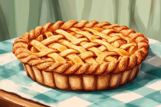Classic apple pie with a golden crust, displayed on a checkered tablecloth.