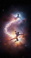 Naklejka premium Sagittarius Zodiac Archer and Centaur. A silhouette of the Sagittarius archer shoots a bow, with its energy forming a celestial centaur in a cosmic nebula, symbolizing freedom. 