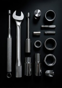 Arrangement of various metallic repair tools showcasing mechanical parts on a dark surface