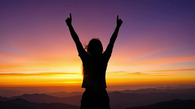 Silhouette with raised arms against colorful sunset sky mountain view
