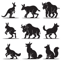 Collection of black animal silhouettes including kangaroos bison and dogs in various poses