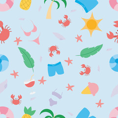 Cartoon summer vacation, beach seamless pattern.