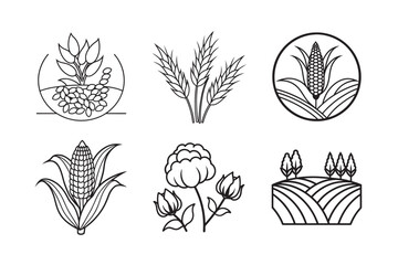 line art of  barley corn cotton soybean crop farming bundle on the white background