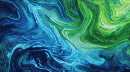 Obraz premium Blue and green abstract background with contrasting swirls and dynamic patterns, creating a visually striking and energetic composition.