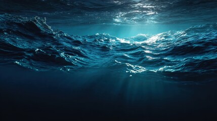 Fototapeta premium Hyber realistic photo of. Dark blue ocean surface seen from underwater. , copy space for text,