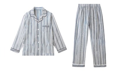 Men's striped pajama set, front and back views, laid flat, white background, classic pattern, clean lines