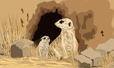 Meerkat and her cub sitting on the sand near the entrance to the burrow. Realistic vector landscape