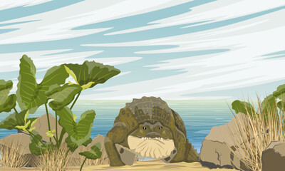 Nile crocodile enters into a lake with tropical plants on the shore. Realistic vector landscape
