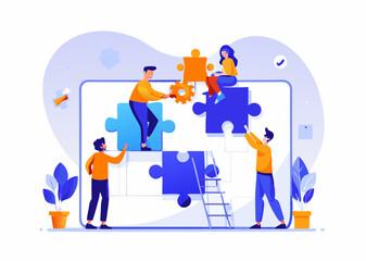 Group of people assembling a puzzle together image. Cartoon style. Vector illustration.