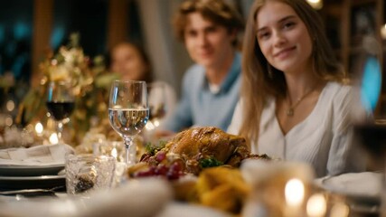 Warm candlelight illuminates a festive dinner where people enjoy food and conversation. An atmosphere of gratitude and togetherness.