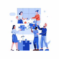 Fototapeta premium Group of people assembling a puzzle together. Flat style. Vector illustration.