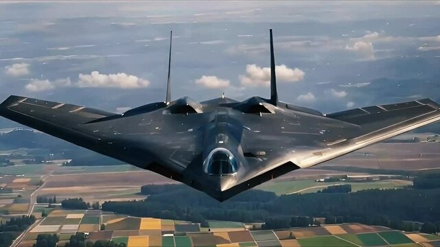 B-bomber flies over a dusty, missile-concealing military jet fighter valley, its shadow camouflaged against the rocky terrain as reconnaissance operations continue.