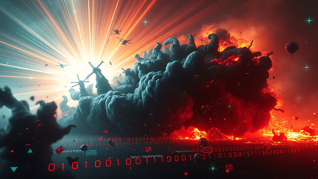 Dramatic Digital Catastrophe - Abstract Explosion with Smoke, Fire and Binary Code Data Stream for Technology Concepts and Cyber Security Visuals