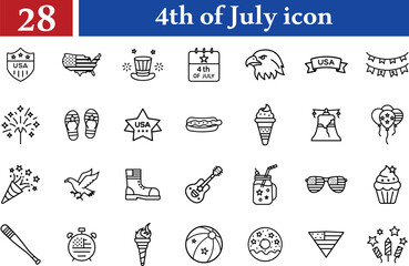 Vector art of a collection of 4th of July icons, perfect for celebrating independence day, features various patriotic symbols and elements isolated on transparent background
