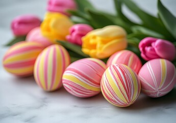 Colorful Easter Eggs with Tulips on a Marble Surface for Spring Decor