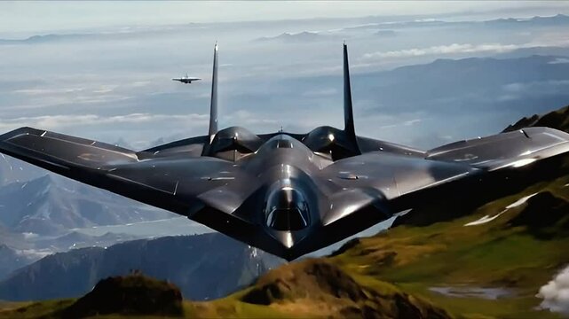 B-2 Spirit bomber sweeps over a dust-filled valley, its shadow military jet fighter fading into rock as it surveys hidden missile threats.