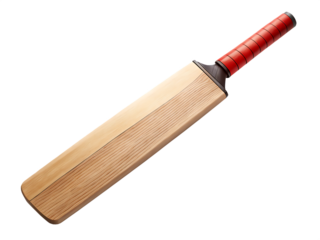 Wooden cricket bat with red grip isolated on a transparent background willow sports equipment,PNG